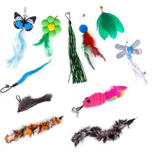 11-Piece Cat Feather Toy Set with Replacement Feather Refills and Bells for Interactive Play and Exercise for Kittens and Cats