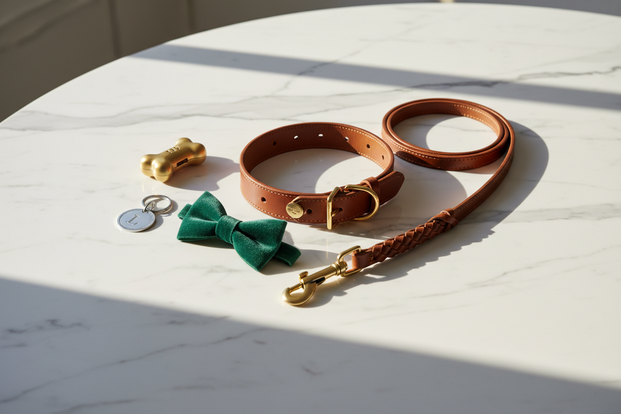 Luxury pet accessories flat lay